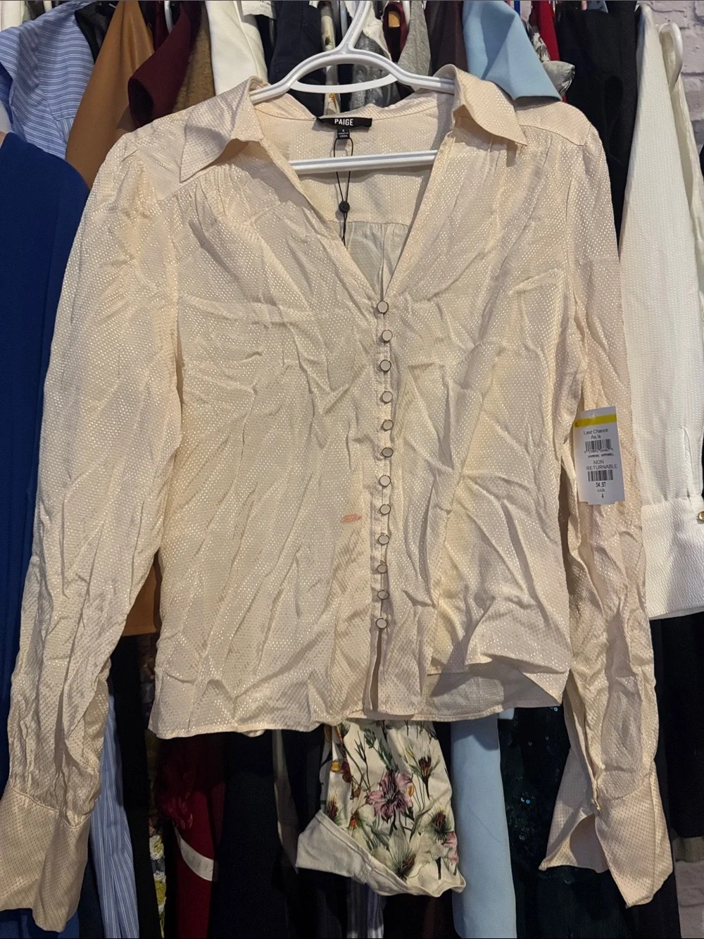 92. Paige • NWT Camu Jacquard Button Up Cream V-Neck Button Front Blouse PTP 18” - Picture 2 of 3